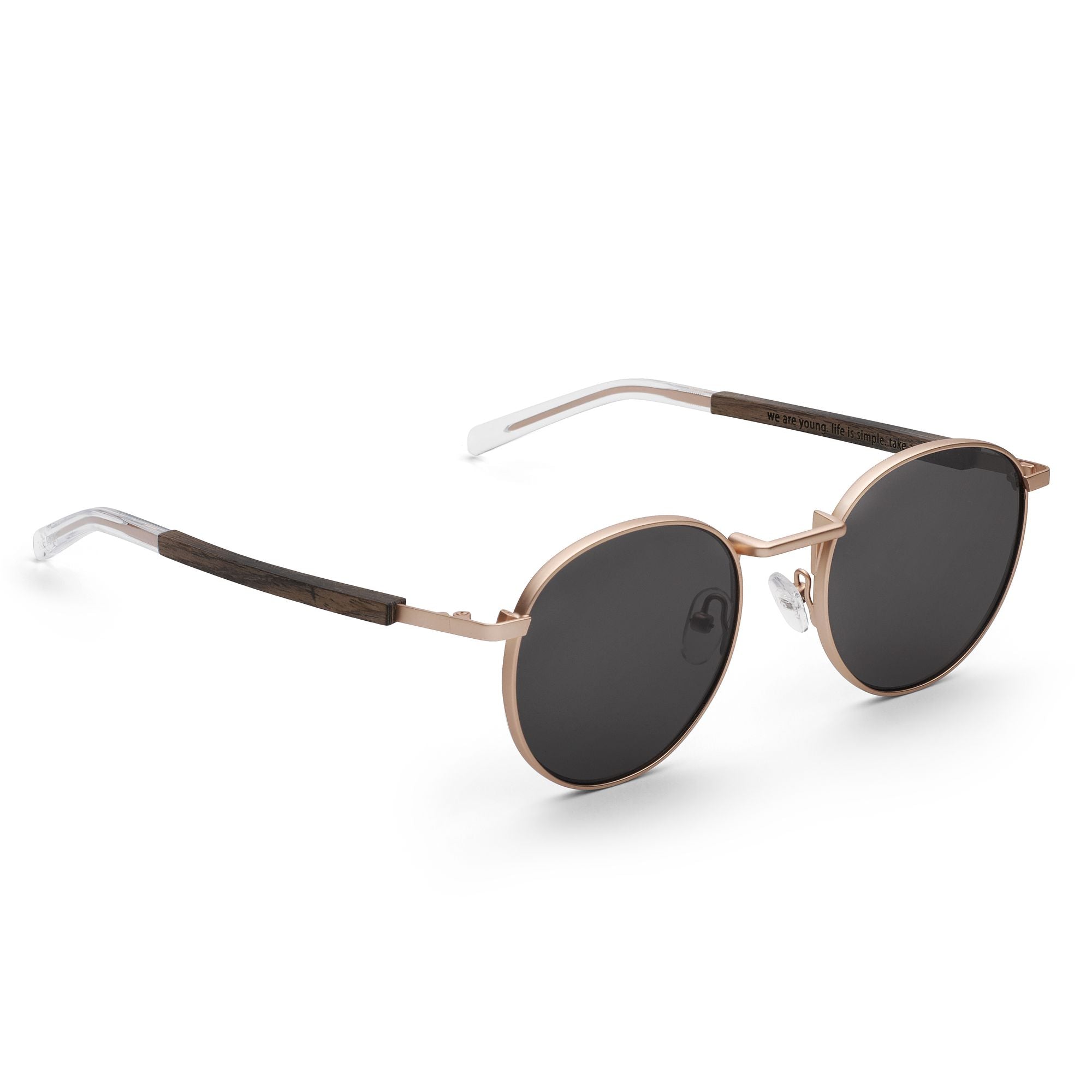 runde rosegold vintage damen metall sonnenbrille mit grauen glaesern janis von take a shot seite