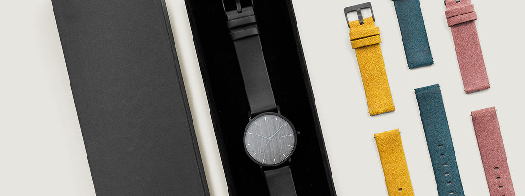 Uhrenarmbänder für Armbanduhren in petrol gelb rosa Farbe Leder mit schwarzer Uhrenbox von TAKE A SHOT