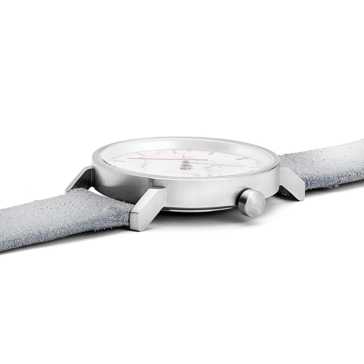 Marmor Armbanduhr mit silbernem Gehäuse und grauem Band ivy 35mm TAKE A SHOT details