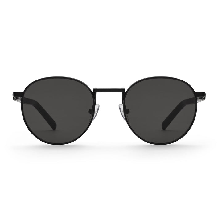 runde schwarze lennon retro metall sonnenbrille mit glaesern in grau und buegeln aus holz john von take a shot