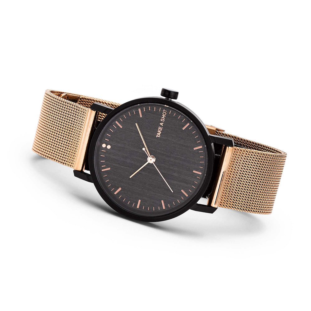 Holzuhr in rosegold mit schwarzem Eichenholz und Mesh-Armband Susy TAKE A SHOT