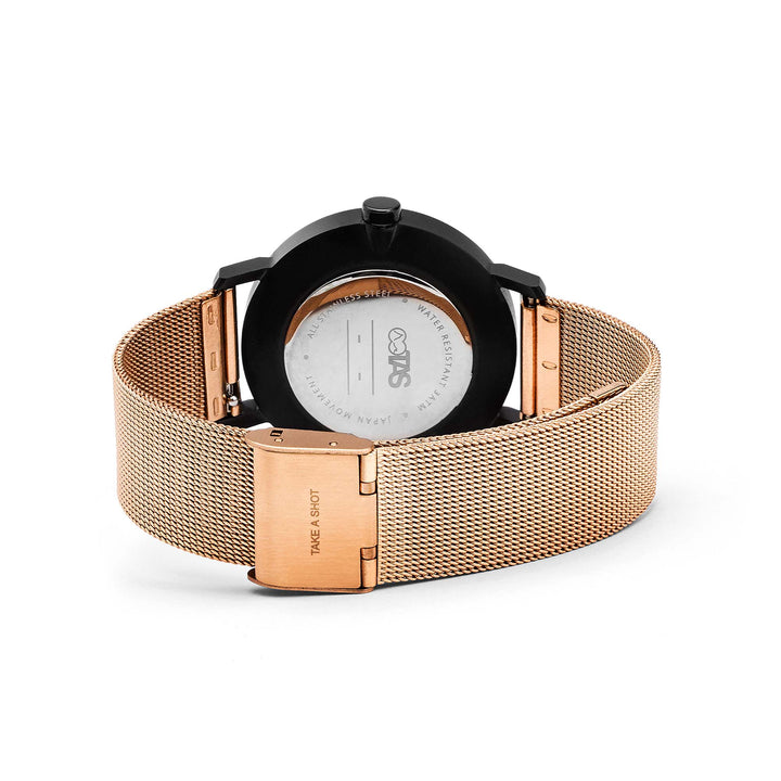 Holzuhr in rosegold mit schwarzem Eichenholz und Mesh-Armband Susy TAKE A SHOT Rückansicht