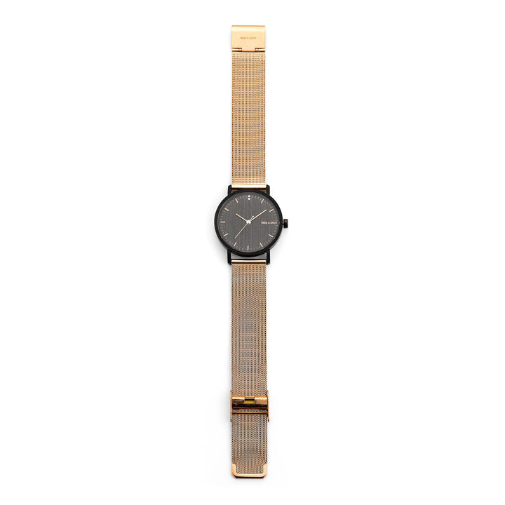 Holzuhr in rosegold mit schwarzem Eichenholz und Mesh-Armband Susy TAKE A SHOT Draufsicht