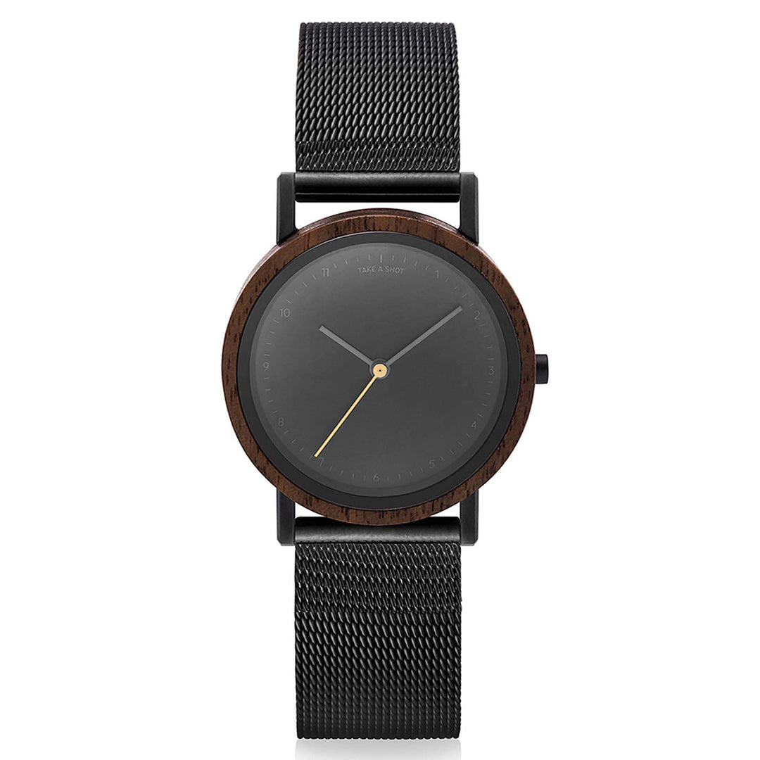 kleine damen holzuhr 30mm schwarz milanaise frontalansicht liv walnut take a shot