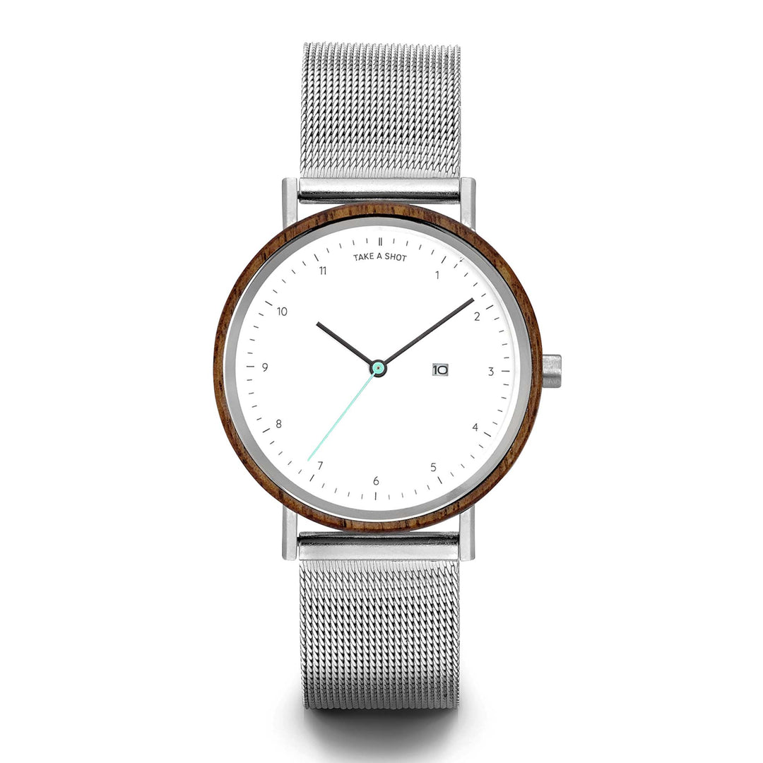 Damen Holzuhr mit silbernem Mesh-Armband Milanaise Frontalansicht Margaret Walnussholz TAKE A SHOT
